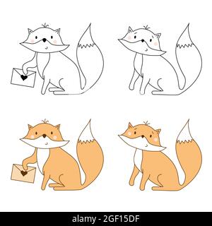 Niedlicher Fuchs mit einem Brief. Tiersammlung - Farb- und Linienzeichnung, Umriss. Vektor-Illustration für Kinder Sammlung, Färbung, drucken, Design Stock Vektor