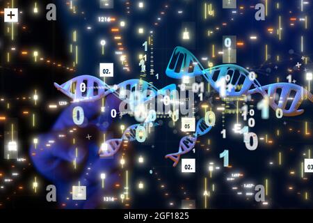 Ein futuristisches 3D-Rendering des DNA- und Binärcode-Netzwerks Stockfoto
