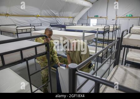 Grafenwoehr, Deutschland. August 2021. US-Soldaten haben während der Vorbereitungen für die Unterbringung afghanischer Flüchtlinge im Ausbildungsgebiet Grafenwoehr am 22. August 2021 in Grafenwoehr, Deutschland, Kojen eingerichtet. Das Ausbildungsgebiet Grafenwoehr wird im Rahmen der Operation Allies Refuge für Evakuierte aus Afghanistan eine vorübergehende Unterkunft bereitstellen. Quelle: Planetpix/Alamy Live News Stockfoto