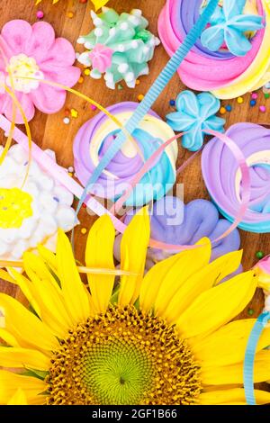 Sammlung von bunten Baisenkernen auf einem hölzernen Hintergrund mit Sonnenblumen Stockfoto