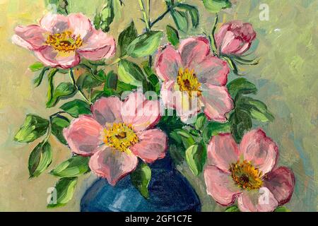 Abschluss eines Fragments von Ölgemälde, das Stillleben von Blumen in der Vase darstellt. Makro-Impasto-Malerei. Stockfoto