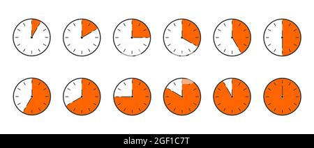 Countdown-Timer oder Stoppuhr-Symbole eingestellt. Uhren mit verschiedenen orangefarbenen Minutenintervallen, isoliert auf weißem Hintergrund. Infografik zum Kochen oder Sportspiel. Vektorgrafik flach. Stock Vektor