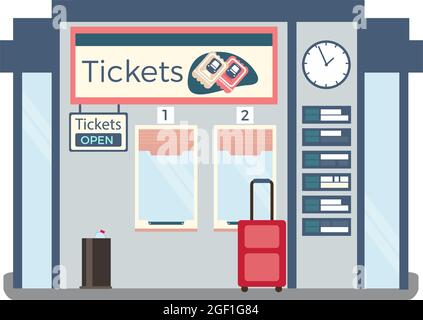 Ticketbüro Gebäude mit zwei Fenstern Zeitplan Koffer flache Vektor-Illustration Stock Vektor