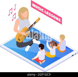 Home Bildung Symbol mit Lehrer spielen Gitarre und Kinder singen auf Online-Musikunterricht isometrische Vektor Illustration Stock Vektor