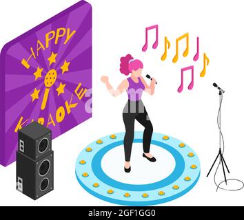 Frau auf der Bühne in Karaoke-Club 3d isometrische Vektor-Illustration Stock Vektor