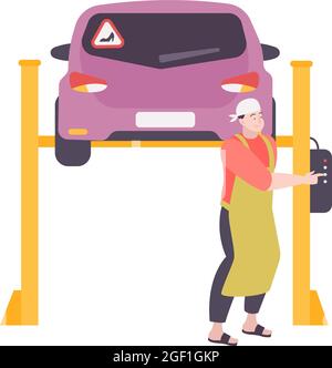 Womans Auto auf Lift und glücklich Mechaniker in der Werkstatt flache Vektor-Illustration Stock Vektor