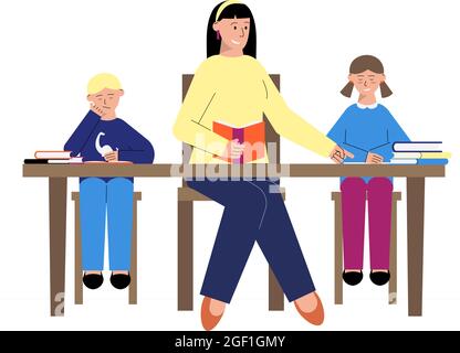 Tutoring flache Komposition mit Kindern lesen mit weiblichen Lehrer Vektor-Illustration Stock Vektor