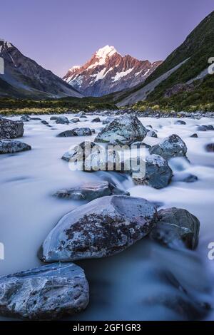 Hooker River und Aoraki Mount Cook, Aoraki Mount Cook National Park Stockfoto