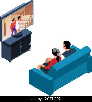 Isometrische Ikone mit Mann und Frau, die romantischen Film auf Sofa ansehen, isolierte Vektorgrafik Stock Vektor