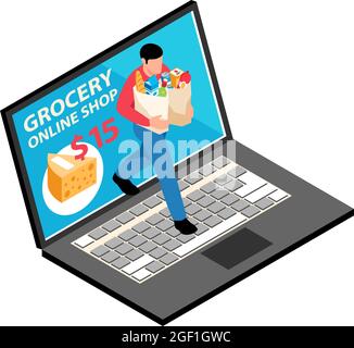 Online-Lebensmittelgeschäft Symbol mit isometrischen Laptop und Charakter trägt Waren in Papiertüten Vektor-Illustration Stock Vektor