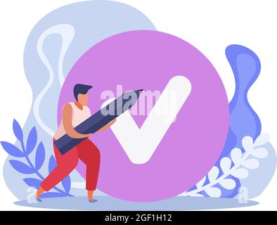 Plan zur Zielerreichungsplanung flache Komposition mit Mann mit Bleistift und Tick-Bild-Vektor-Illustration Stock Vektor