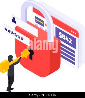 Hacker brechen Sperre, um Zugriff auf persönliche Informationen auf Computer isometrische Vektor-Illustration zu erhalten Stock Vektor