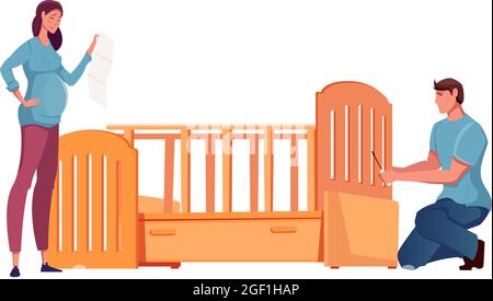 Flache Ikone mit schwanger Frau und Mann Montage hölzernen Baby Krippe Vektor-Illustration Stock Vektor