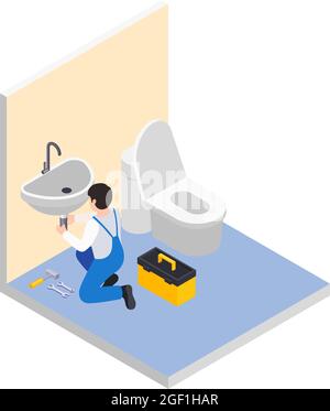 Renovierung Reparatur arbeitet isometrische Zusammensetzung mit dem Charakter des Arbeiters mit Werkzeugkiste im Badezimmer Vektor-Illustration Stock Vektor