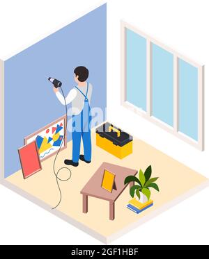 Renovierung Reparatur arbeitet isometrische Komposition mit Mann Bohren Löcher in der Wand für Gemälde Vektor-Illustration Stock Vektor