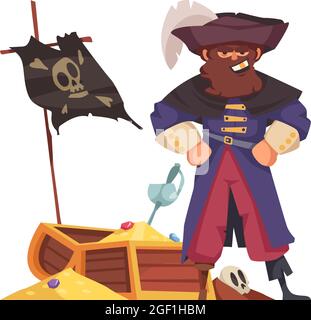 Grinsender Piratenhauptmann mit Schatztruhe Cartoon-Vektor-Illustration Stock Vektor