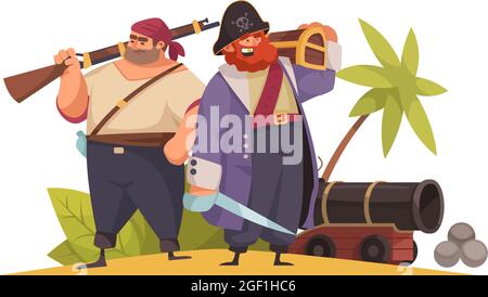 Zwei Cartoon-Piraten mit Pistole Schwert Kanone und hölzerne Brust Vektor-Illustration Stock Vektor