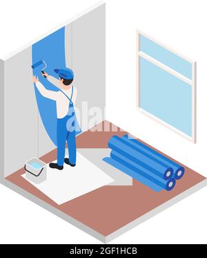 Renovierung Reparaturarbeiten isometrische Zusammensetzung mit Charakter der Arbeiter Malerei Wände in blauen Vektor-Illustration Stock Vektor