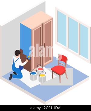 Renovierung Reparatur arbeitet isometrische Zusammensetzung mit Arbeiter Malerei alten Schrank mit blauer Farbe Vektor Illustration Stock Vektor