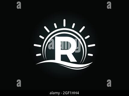 Anfängliches R-Monogramm-Alphabet mit abstrakter Sonne und Welle. Logo von Ocean Sun. Schrift-Emblem. Modernes Vektorlogo für ein Unternehmen und die Unternehmensidentität Stock Vektor