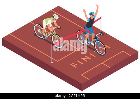 Sport Radfahren isometrische Zusammensetzung mit Blick auf die Rennstrecke mit roten Band Ziellinie und Fahrer Vektor-Illustration Stock Vektor