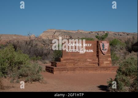 Eintrittsschild zum Capitol Reef National Park Stockfoto