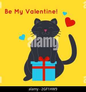 Katze fett süß fröhlich mit geschlossenen Augen steht in der Nähe einer Box mit einem Geschenk. Inschrift sei mein Valentinstag. Grußkarte zum Valentinstag. Poster und Banner.Vektor-Illustration isoliert auf gelbem Hintergrund Stock Vektor