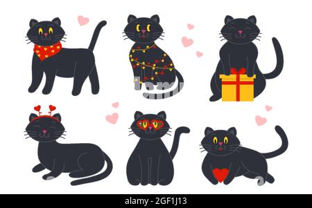 Katzen niedlichen häuslichen mit verschiedenen Objekten, mit Girlande, mit Herz, mit Geschenk, mit Kranz auf dem Kopf, mit Schal und Gläser. Designelemente für den Valentinstag, Grußkarte. Vektorgrafik Stock Vektor
