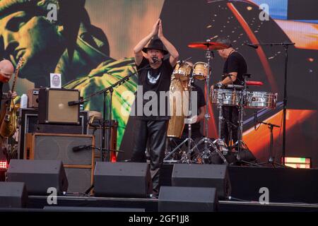 NEW YORK, NY - 21. AUGUST: Carlos Santana tritt während des „We Love NYC: The Homecoming Concert“ im Great Lawn im Central Park am 21. August 2021 in New York City auf. Stockfoto