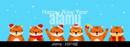 Weihnachtskarte mit Tiger Maskottchen Neujahr. Tier Tiger in Santa Hut Cartoon flache Postkarte. Banner Comic niedlichen Streifen große Katze, Cliparts Symbol Happy New Year Vektor Stock Vektor