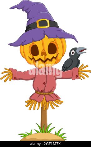 Cartoon halloween Kürbis Vogelscheuche mit Krähe Stock Vektor