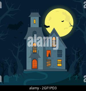 Scary Spukhaus, Halloween Horror House. Vektorgrafik im flachen Stil Stock Vektor