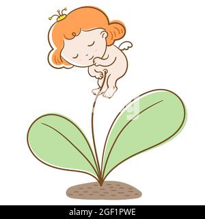 Babyblume. Ein niedliches Blumenbaby wuchs auf dem Boden auf. Vektorgrafik flach. Stock Vektor