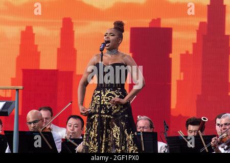 New York, Usa. August 2021. Die Sängerin Jennifer Hudson tritt während des „We Love NYC: The Homecoming Concert“ im Great Lawn im Central Park, New York City, auf. Kredit: SOPA Images Limited/Alamy Live Nachrichten Stockfoto