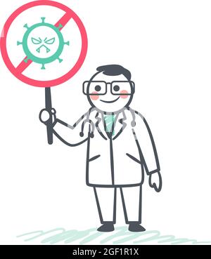 Arzt mit einem Zeichen, das das Virus ablehnt. Konzept der Prävention von Krankheiten.Vektor flache Illustration. Stock Vektor