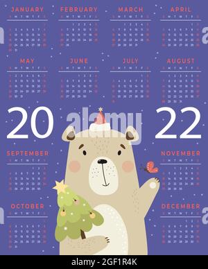 Kalender für 2022 mit niedlichem Bären-Weihnachtsmann und Weihnachtsbaum auf violettem Hintergrund. Vektorgrafik. Vertikale Kalendervorlage A3 für 12 Monate in Stock Vektor