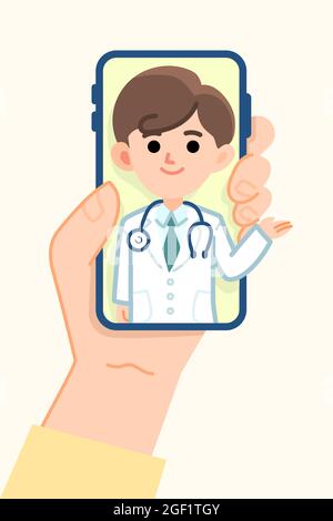 Abbildung eines Smartphones in der Hand mit einem Arzt auf dem Bildschirm während eines Telemedizin-Arztbesuchs Stock Vektor