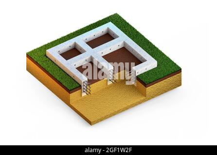 Gegossene Stahlbetonwandfundament, isolierte digitale industrielle 3D-Illustration Stockfoto