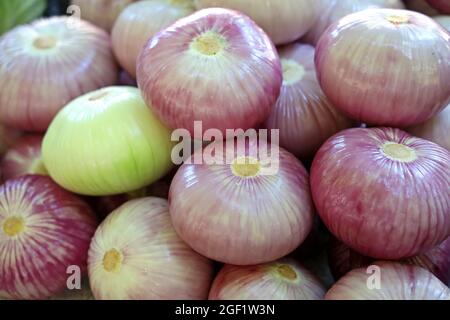 Haufen geschälter Zwiebeln zum Verkauf auf dem Markt Stockfoto