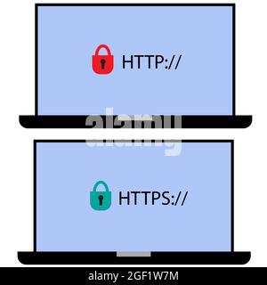 http- und https-Protokolle auf weißem Hintergrund. Sicheres Surfen im Internet und Zeichen der Datenverschlüsselung. Sicheres und sicheres https-Symbol. Flacher Stil. Stockfoto