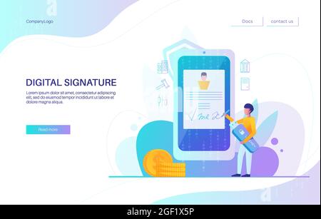 Digitale Signatur Landing Page Design, Website Banner Vektor Vorlage. Geschäftsmann unterzeichnet Vertrag auf Smartphone-Bildschirm Stock Vektor