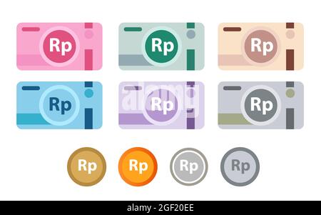 Rupiah Geld Symbol Satz von IDR Banknoten Münze und Bargeld Papier in vielen Farbvektor Stock Vektor