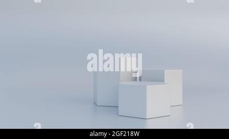 Minimale Szene mit sechseckigem Podium und abstraktem Hintergrund mit Kopierraum. Geometrische Formen. Weiß. 3D-Rendering-Illustration. Stockfoto