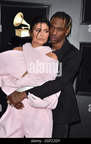 File photo dated February 10, 2019 of Kylie Jenner and Travis Scott attend the 61. Annual GRAMMY Awards at Staples Center in Los Angeles, CA, USA. Die 24-jährige Milliardärin ist schwanger und erwartet ihr zweites Kind mit der wieder-off-again-Liebe Travis Scott. Das Paar teilt sich bereits die 3-jährige Tochter Stormi, und Jenner war offen, um ein Geschwisterchen für ihr kleines Mädchen zu haben. Foto von Lionel Hahn/ABACAPRESS.COM Stockfoto