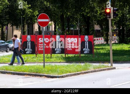 München, Deutschland. August 2021. Auf einer Straße in der Innenstadt stehen Wahlplakate von O. Scholz (SPD), Bundesfinanzminister und Kanzler-Kandidat. Kredit: Sven Hoppe/dpa - ACHTUNG: Nur für redaktionellen Gebrauch und nur mit vollständiger Erwähnung des oben genannten credit/dpa/Alamy Live News Stockfoto