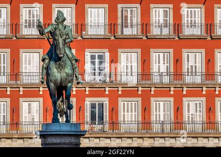 Reiterstatue von Philipp III. König von Spanien, Plaza Mayor, Madrid, Gemeinde Madrid, Spanien Stockfoto