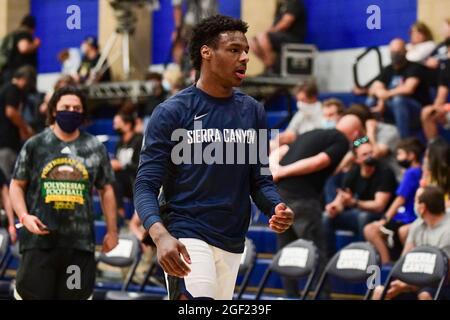 Sierra Canyon Trailblazers bewachen Bronny James (0) während des Basketballspiels der CIF Southern Section Championship 2021 am Freitag, den 11. Juni 2021, in Chats Stockfoto