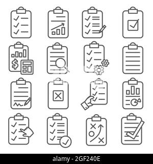 Zeilensymbole in der Zwischenablage auf weißem Hintergrund gesetzt Stock Vektor