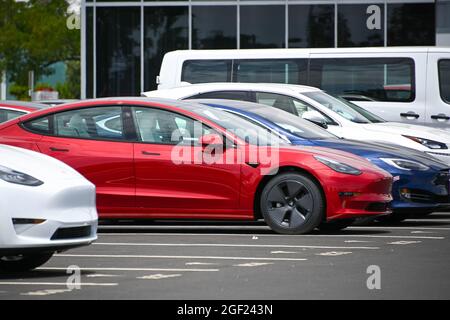 Ein Tesla Model 3 wird am Samstag, den 3. Juli 2021, in Fremont, Kalifornien, in der Tesla-Fabrik und in der Firmenzentrale gesehen. (Dylan Stewart/Image of Sport) Stockfoto