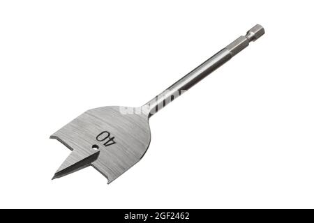Flacher Holzbohrer mit einem Durchmesser von 40 mm isoliert auf weißem Hintergrund Stockfoto